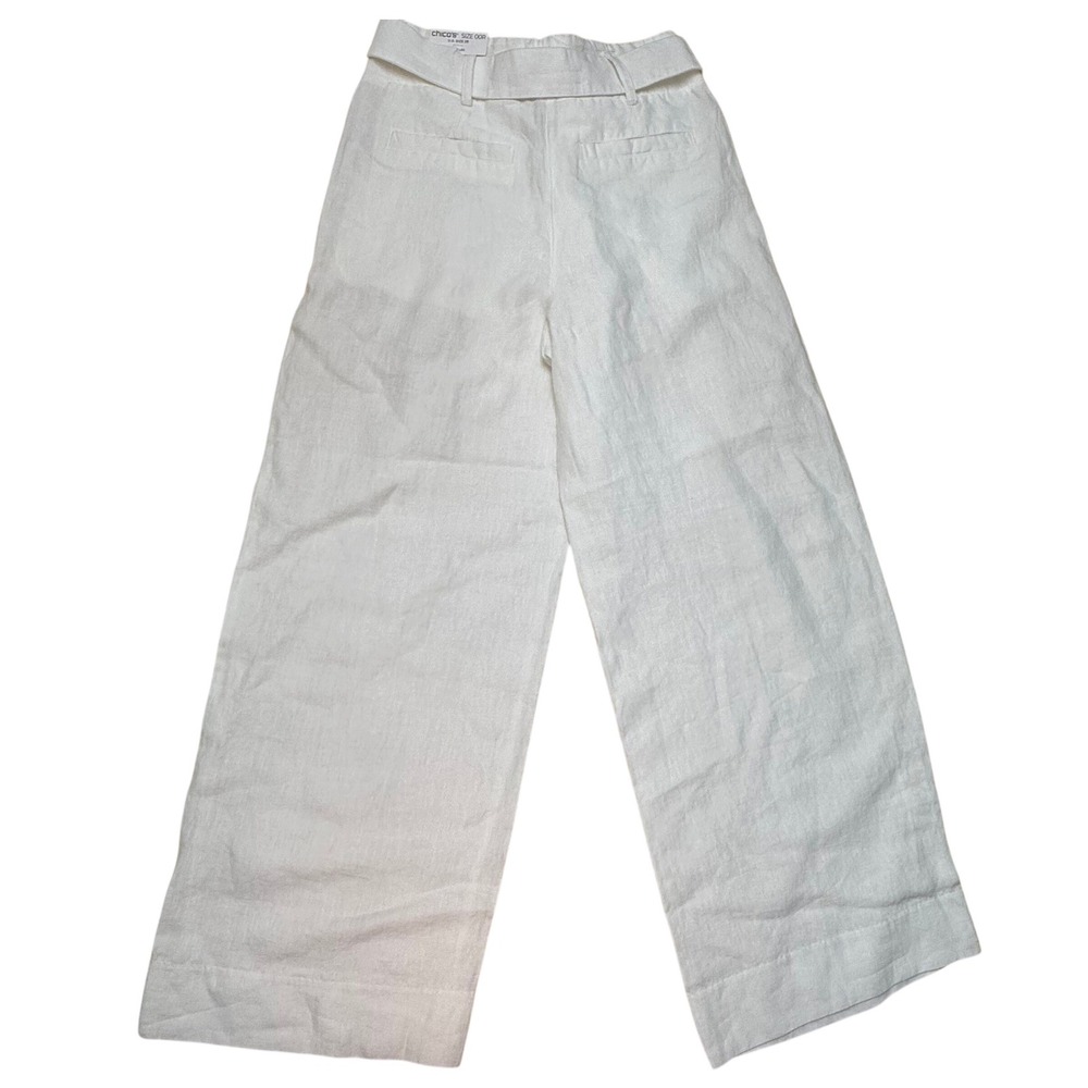 Chicos White 100% Linen Wide Leg Belted Trousers Pants Size 00R US 2R High Rise - Picture 2 of 9